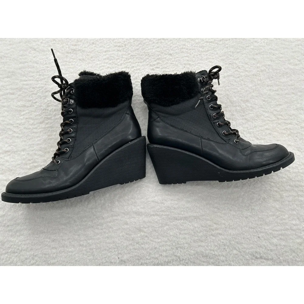 Rouge Helium Womens Black Wedge Ankle Boots Faux Fur Trim Lace Up Side‎ Zip 10